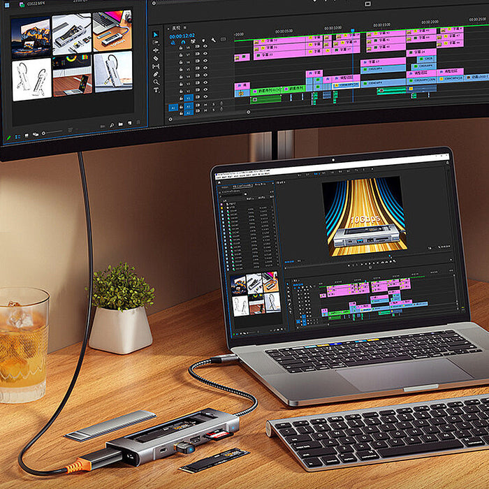 ESSAGER ES-TA08 - 8-in-1 Type-C Docking Station with USB2.0, USB3.2 Gen2, PD100W, 10Gbps, 4K@30Hz HDMI, SD/TF Card Reader, Multiports USB-C Hub, M.2 Hard Disk Enclosure - Perfect for PC and Laptop Users