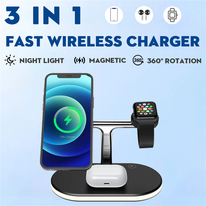 Magnetic Wireless Holder 15W - 3-in-1 Fast Charging Charger, Compatible with AirPods, iWatch, iPhone, and Other Smartphones - Perfect for Tech-Savvy Individuals Always on the Go