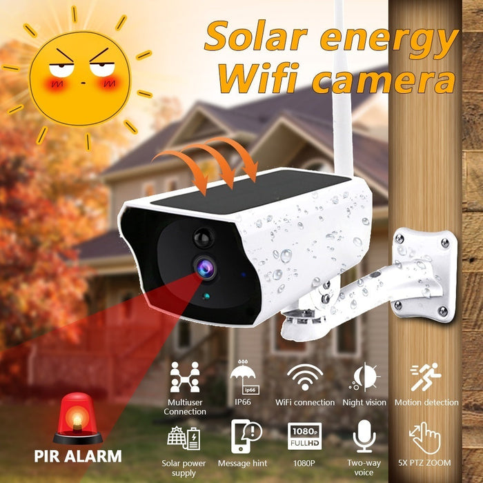 Solar Security Camera 1080P HD - WIFI IP Camera with Night Vision & Wireless PIR Motion Alarm - IP67 Waterproof for Outdoor and Indoor Use