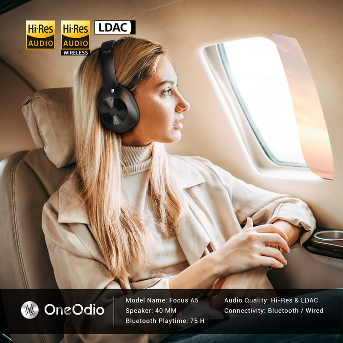 Focus A5 ANC Noise Cancelling Headphones by Oneodio - Bluetooth 5.4 Wireless Headphones with -45dB Hybrid Active Noise Canceling Over-Ear Headset, ENC Mic, Hi-Res LDAC - Perfect for Noise Reduction Needs in High-Quality Audio Experiences