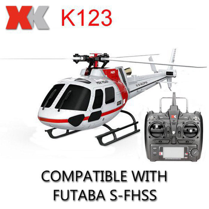 XK K123 AS350 - 6CH Brushless RC Helicopter, 3D6G System, FUTABA S-FHSS Compatible, 4PCS 3.7V 500mAh Lipo Battery - Perfect for Scale Flight Enthusiasts