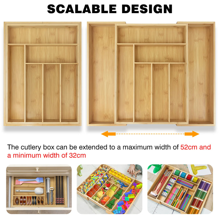 Bamboo Cutlery Tray, Expandable 32–52cm – 6–8 Compartment Drawer Organiser
