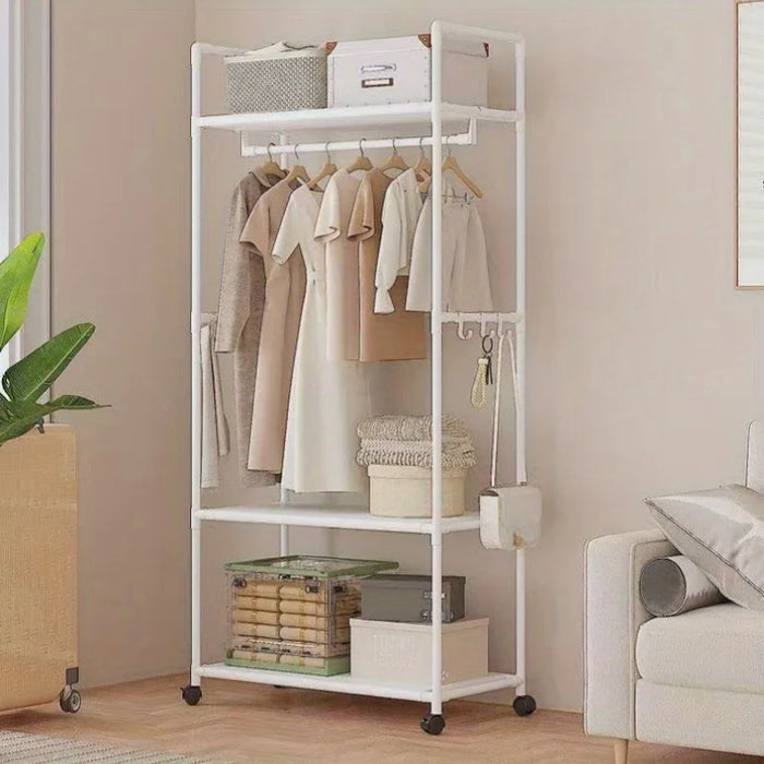 Clothing Storage Rack with Wheels, Hooks & Shelves — Freestanding Metal Organiser