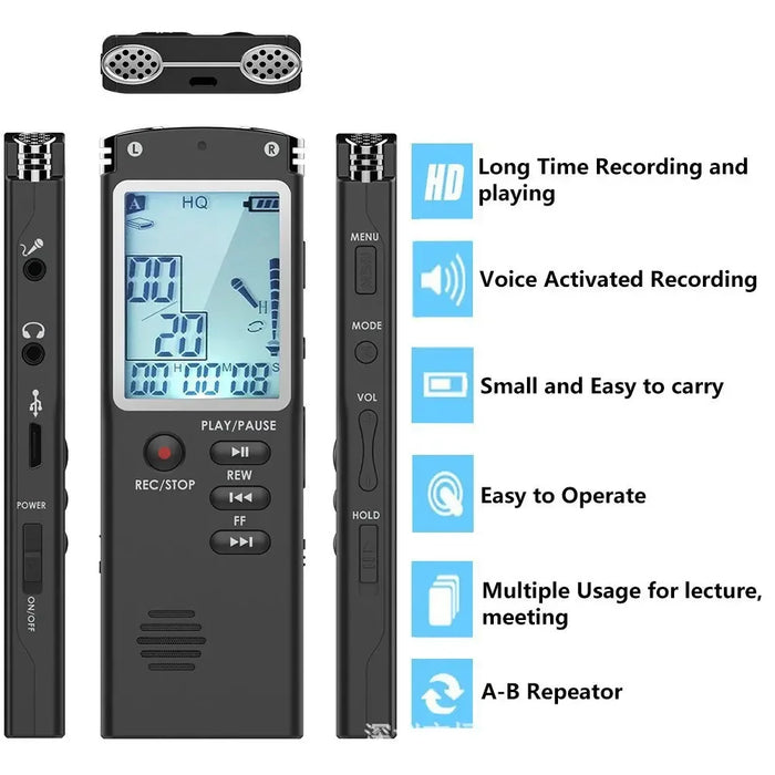 Professional USB Voice Recorder – 4/8/16/32/64GB, WAV/MP3, Noise Reduction, Up to 96h