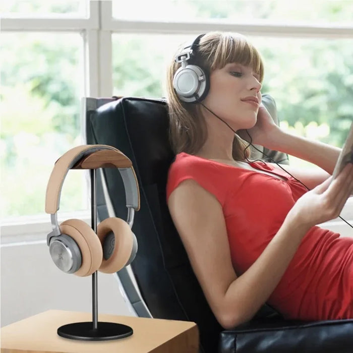 Black Walnut Wood and Aluminium Headphone Stand — Solid Metal Base Desk Headset Holder