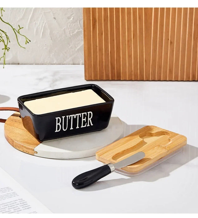 Ceramic Butter & Cheese Storage Box with Bamboo Lid and Knife — 14.8×8.5×6cm