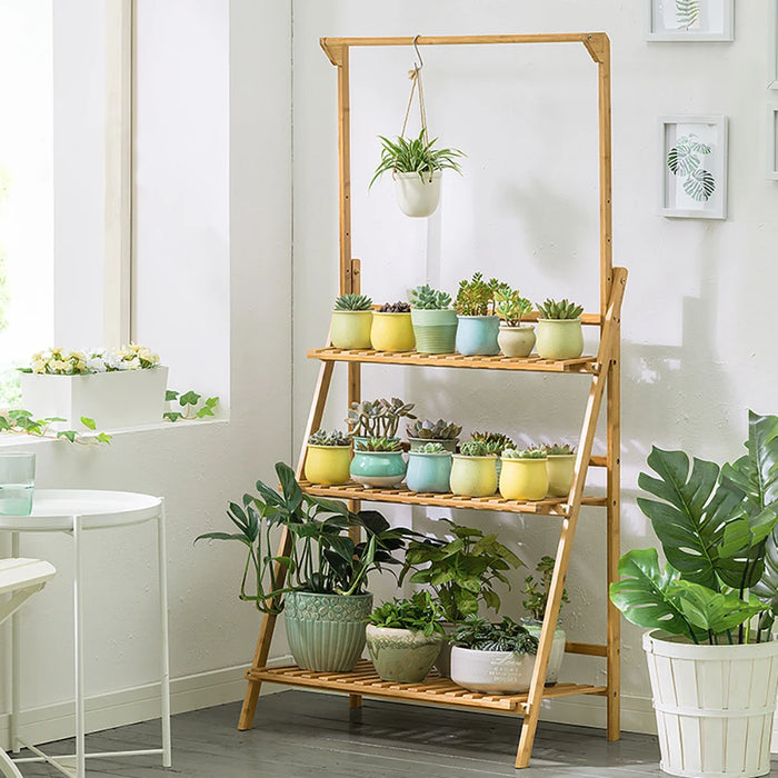 3-Tier Foldable Wooden Ladder Plant Stand with Adjustable Hanging Bar for Home & Outdoor