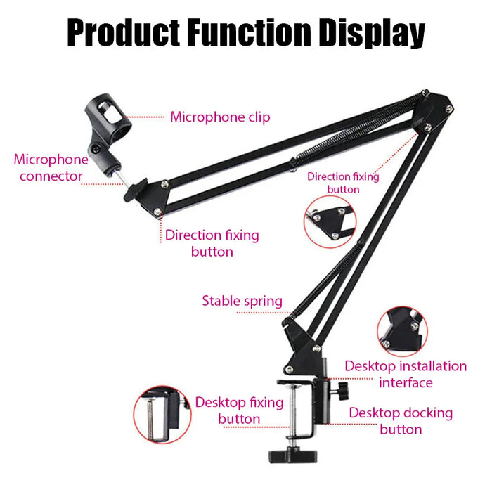 Adjustable Scissor Arm Microphone Stand — Desktop Clip, Tripod & Extendable Bracket