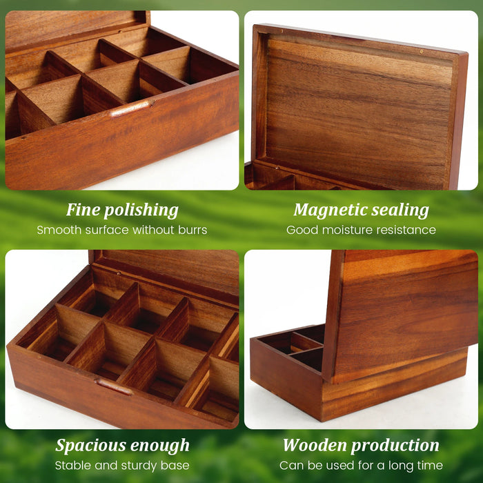Wooden Tea Box with Lid — 4 or 8-Compartment Tea Bag Organiser