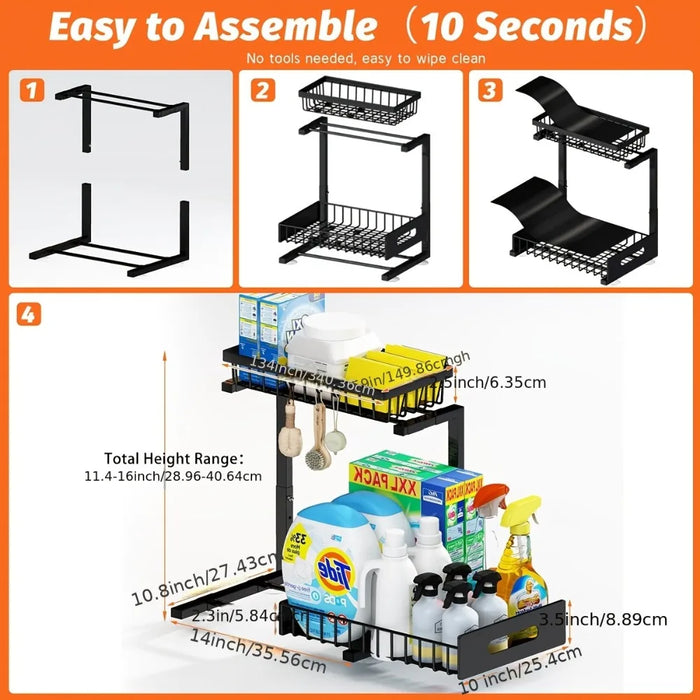 Metal Pull-Out Under-Sink Organiser with Sliding Shelf — Kitchen Storage (White/Black)