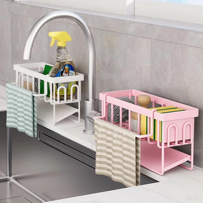 Kitchen Sink Organiser — Sponge Holder with Dishcloth Hanger and Adhesive Sticker