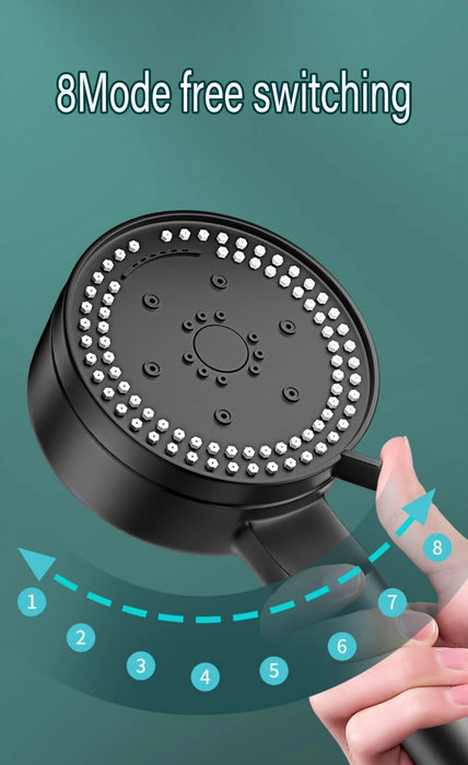 8-Mode High-Pressure Black Handheld Shower Head — Water-Saving, Fall-Resistant