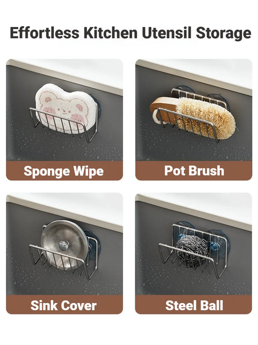 Stainless Steel Suction Cup Sponge Holder — Sink Caddy (Grey Silver / Black)