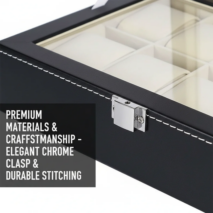 12-Slot Watch Box — Grey PU Leather with Clear Window & Velvet Lining