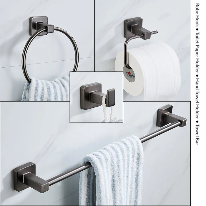 Grey Bathroom Hardware Set — Shelf, 48cm Towel Bar, Towel Ring, Robe Hook & Paper Holder
