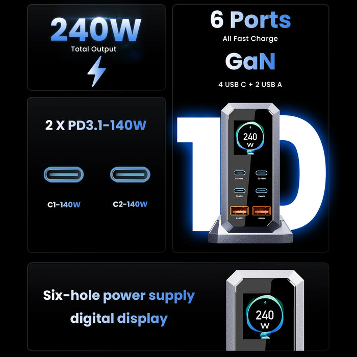 240W GaN Desktop Charger — 6‑Port (4×USB‑C, 2×USB‑A), 140W PD3.1 & PPS