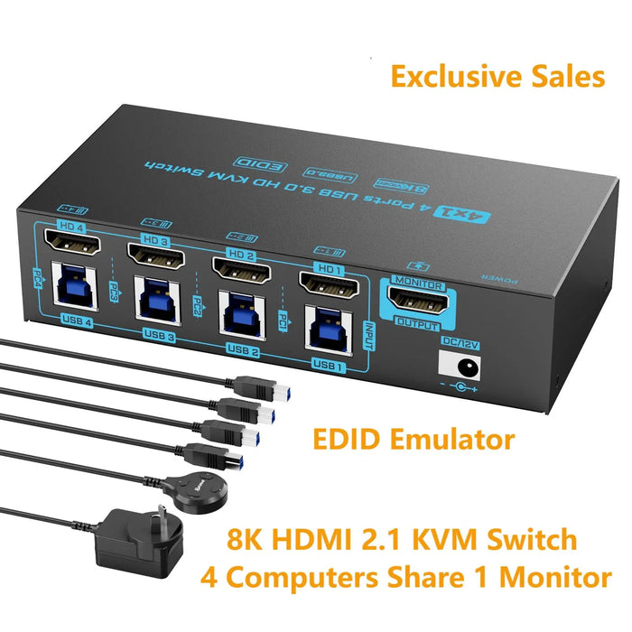 8K / 4K HDMI KVM Switch 4‑Port USB 3.0 — 4‑in‑1 Out with EDID Emulator & Wired Remote