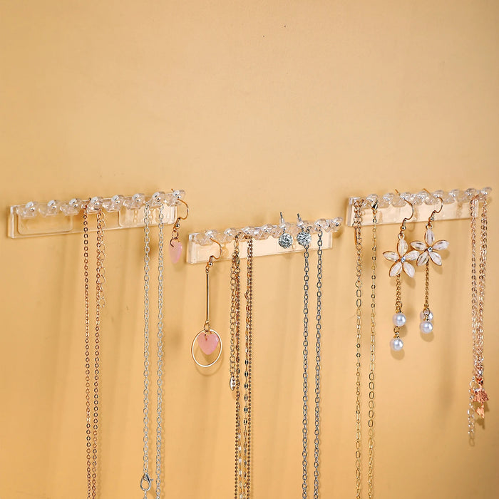 3-Pack Wall-Mounted Necklace Holder with 8 Hooks – Clear Plastic Jewellery Organiser
