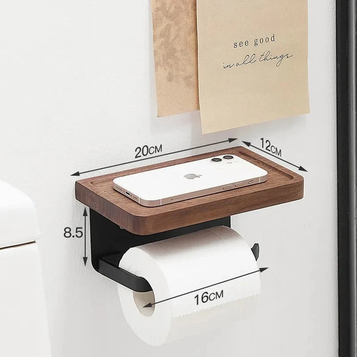 Wooden Toilet Roll Holder with Shelf — Wall-mounted, Rustproof Matt Black