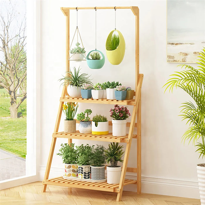 3-Tier Foldable Wooden Ladder Plant Stand with Adjustable Hanging Bar for Home & Outdoor