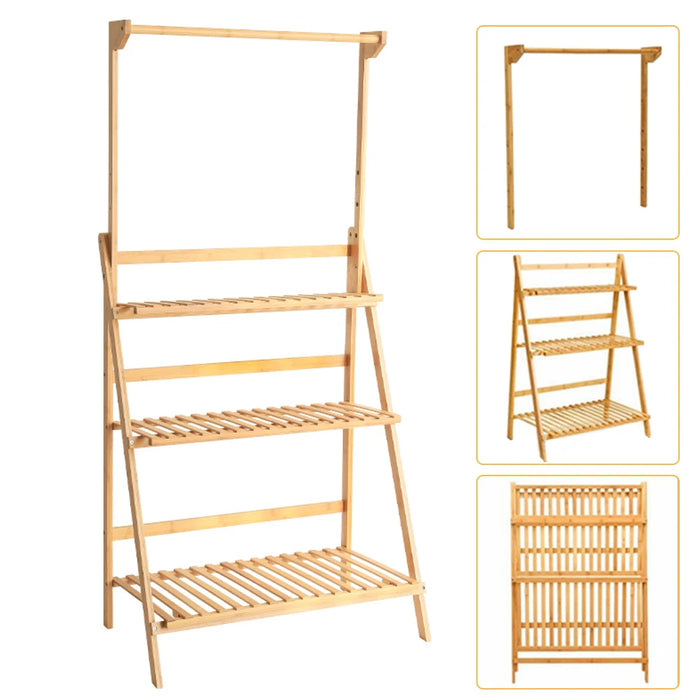 3-Tier Foldable Wooden Ladder Plant Stand with Adjustable Hanging Bar for Home & Outdoor