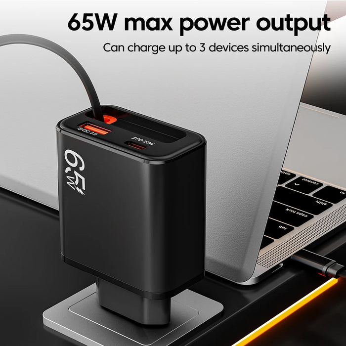 65W USB Wall Charger with Retractable USB‑C Cable — PD & QC3.0 Fast Charge