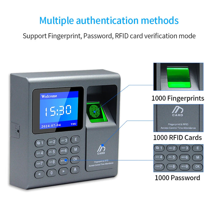 Fingerprint & RFID Access Control Time Recorder — 1000 Users, USB Attendance