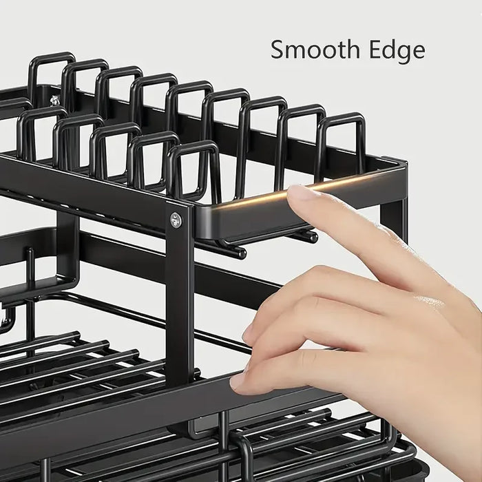 2-Tier Dish Drainer Rack with Drip Tray and Swivel Drain Spout, Utensil & Cup Holders