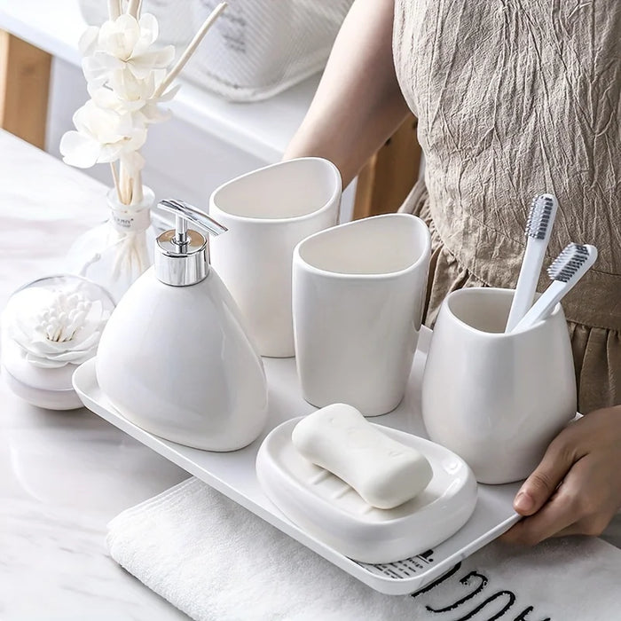 Modern Ceramic Bathroom Accessory Set — 4 or 5 Piece with Pump Dispenser