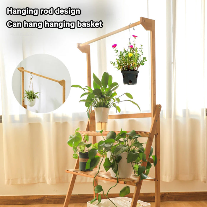 3-Tier Foldable Wooden Ladder Plant Stand with Adjustable Hanging Bar for Home & Outdoor