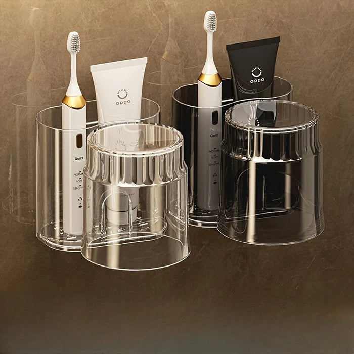 2 Sets Wall-Mounted Toothbrush Holders with Mouthwash Cups — Plastic Bathroom Storage