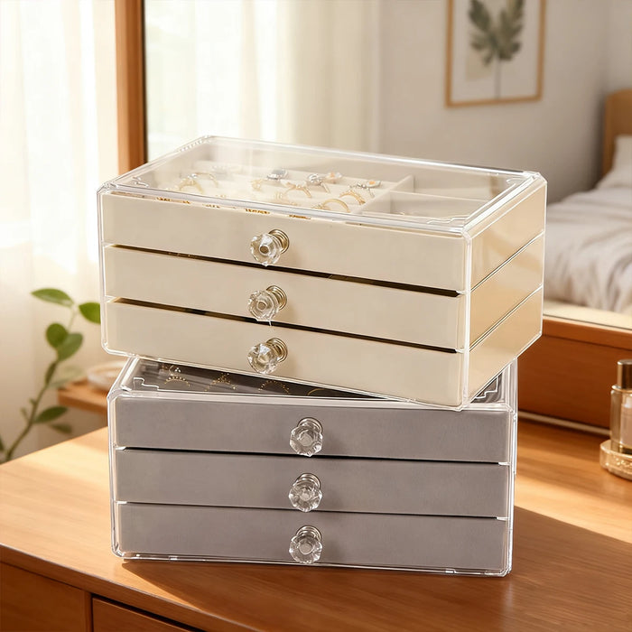 3-Layer Drawer Jewellery Box — Beige or Grey, Plastic Organiser