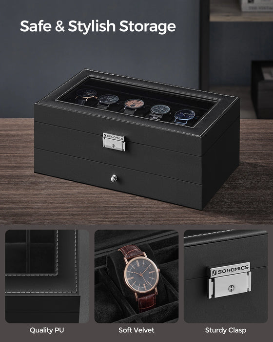 2-Tier Watch Box with Glass Lid — Holds 12 Watches, Lockable Drawer