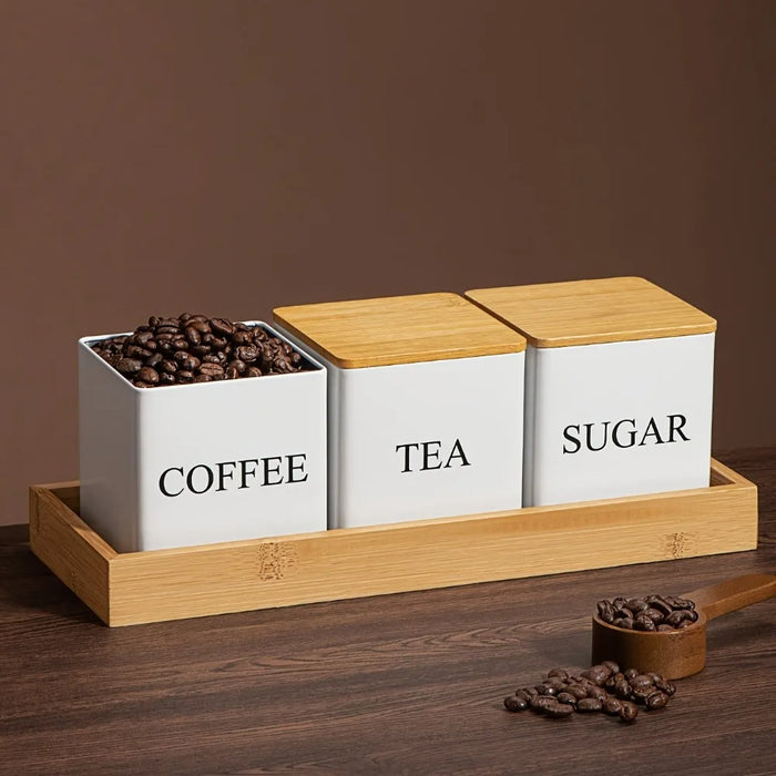 Set of 3 Metal Canisters with Bamboo Lids – 500ml Coffee, Tea & Sugar (Black or White)