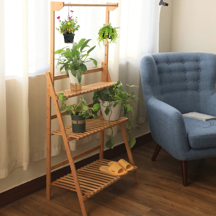 3-Tier Foldable Wooden Ladder Plant Stand with Adjustable Hanging Bar for Home & Outdoor