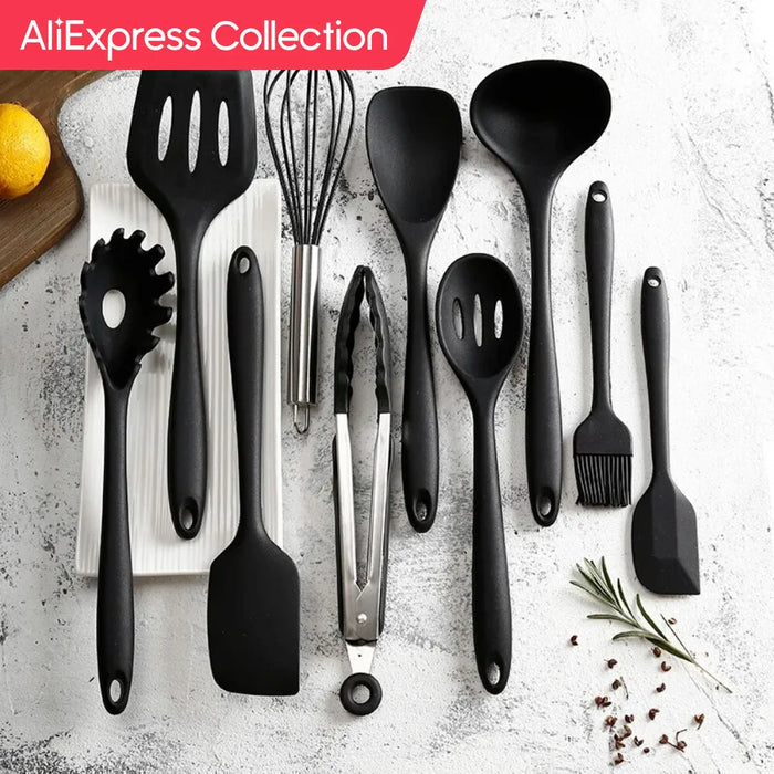 AliExpress Collection 10 PCS Silicone Cookware Set Kitchen Cooking Tools Baking Tools Tableware Silicone Shovel Spoon Scraper