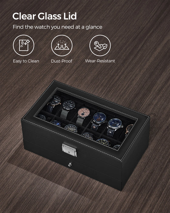 2-Tier Watch Box with Glass Lid — Holds 12 Watches, Lockable Drawer