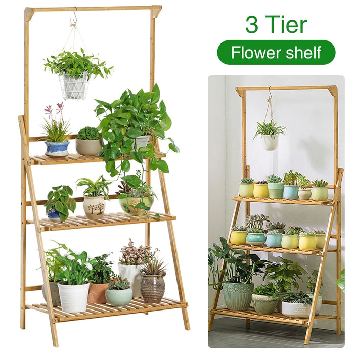 3-Tier Foldable Wooden Ladder Plant Stand with Adjustable Hanging Bar for Home & Outdoor