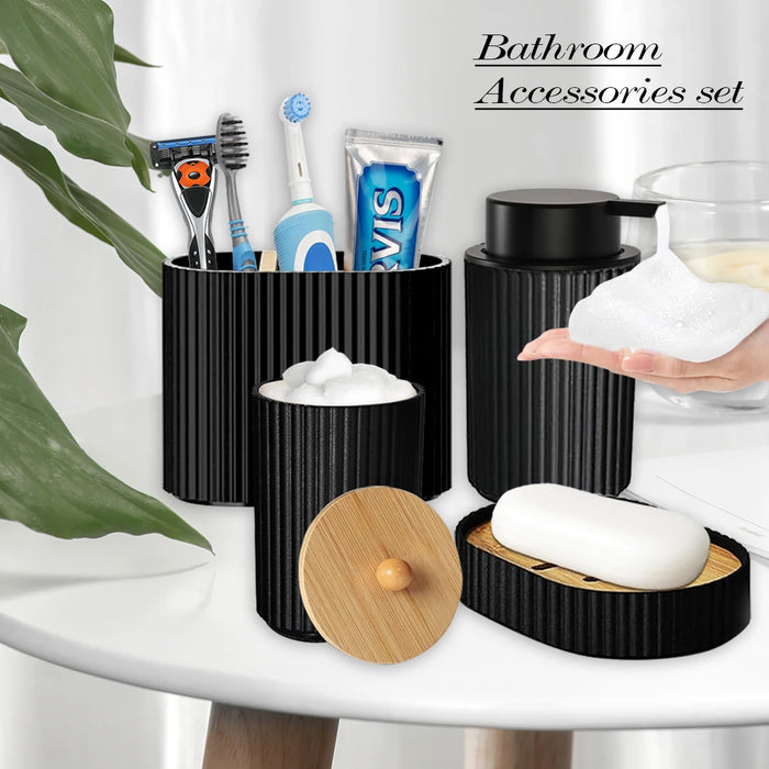 Black 4-Piece Bathroom Accessory Set – Foam Dispenser, Toothbrush Holder, Cotton Box & Soap Dish