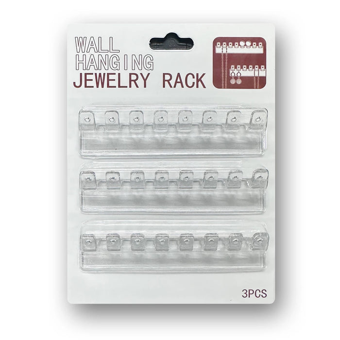 3-Pack Wall-Mounted Necklace Holder with 8 Hooks – Clear Plastic Jewellery Organiser