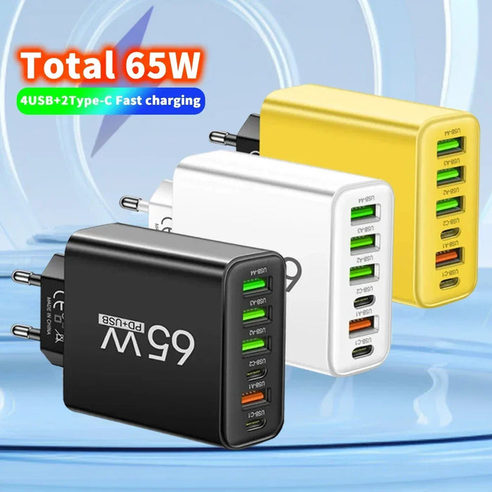 65W 6-Port USB PD Charger – 2x USB‑C PD + 4x USB Fast Wall Charger (EU/US)