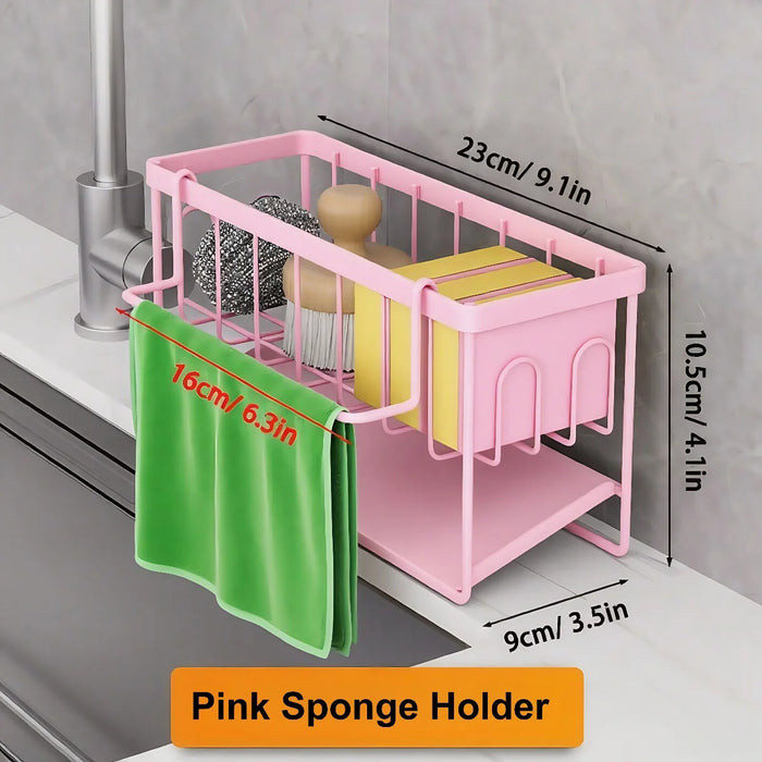 Kitchen Sponge Holder with Removable Rag Rack & Adhesive Mount — Carbon Steel Sink Caddy