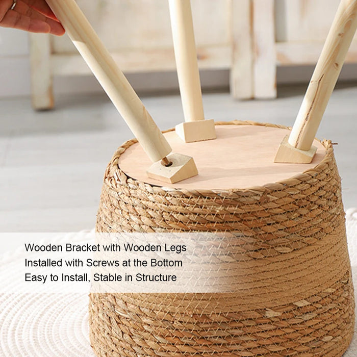 Floor‑standing Rattan Plant Stand with Wooden Legs — Indoor Pothos Holder