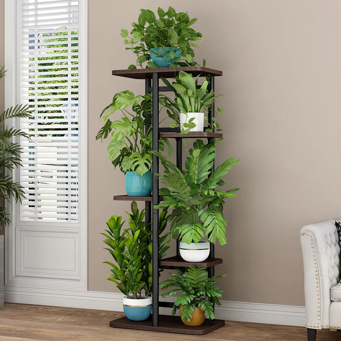 Tall 5-Tier Corner Plant Stand – Metal Frame with Reinforced Wooden Shelves