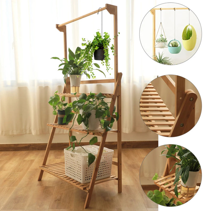 3-Tier Foldable Wooden Ladder Plant Stand with Adjustable Hanging Bar for Home & Outdoor