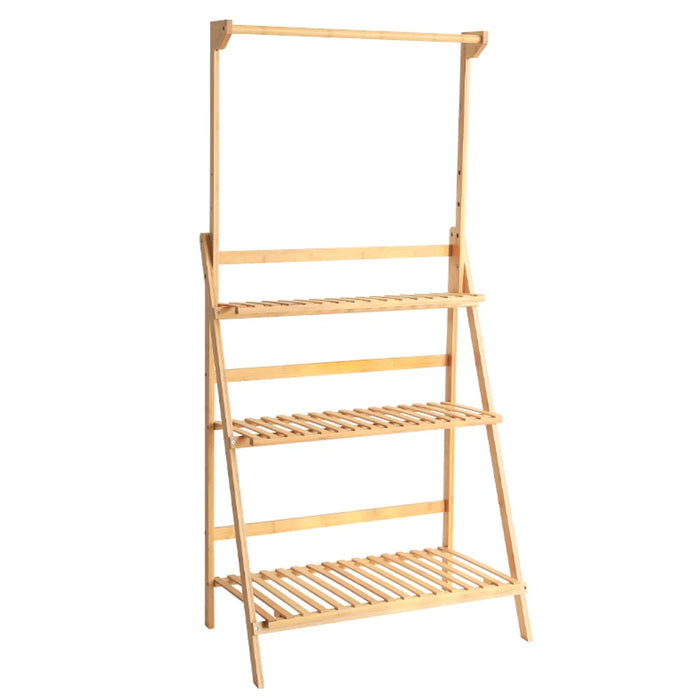 3-Tier Foldable Wooden Ladder Plant Stand with Adjustable Hanging Bar for Home & Outdoor