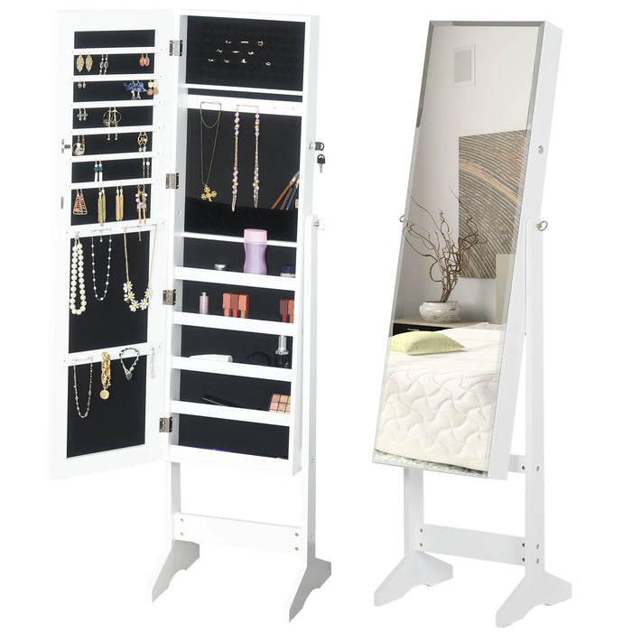 Lockable Freestanding Jewellery Armoire with Adjustable Full-Length Mirror — White