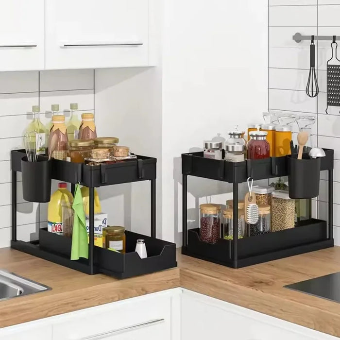 2-Tier Sliding Under-Sink Organiser – Cabinet Basket with Hooks & Hanging Cup