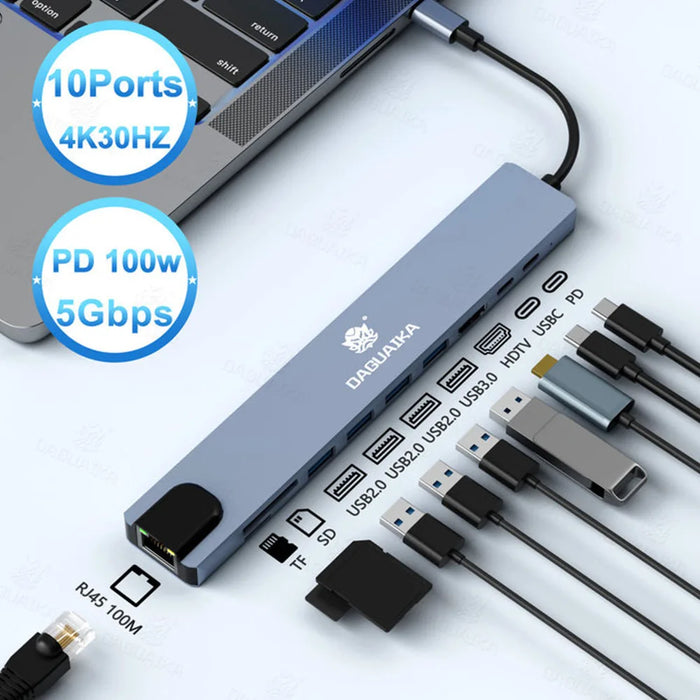 10-in-1 USB-C Hub – 4K@30Hz HDMI-Compatible Docking Station with PD 100W, RJ45 & USB 3.0