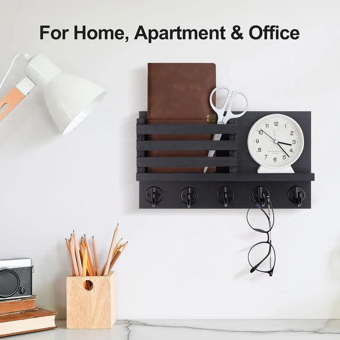 Wall-Mounted Wooden Key & Mail Rack with 5 Metal Hooks, Fittings Included